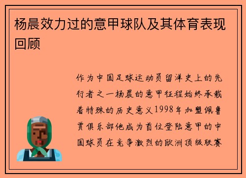 杨晨效力过的意甲球队及其体育表现回顾
