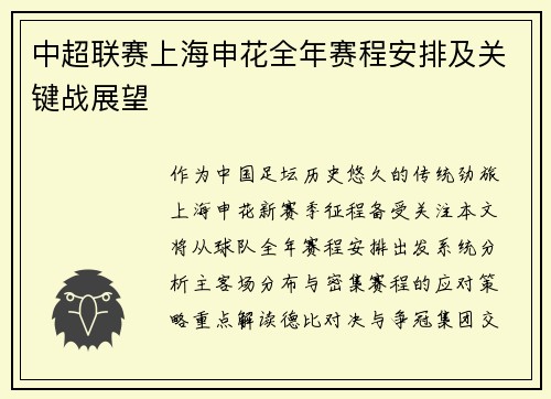 中超联赛上海申花全年赛程安排及关键战展望