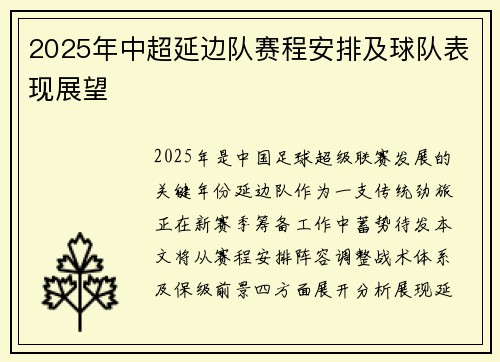 2025年中超延边队赛程安排及球队表现展望